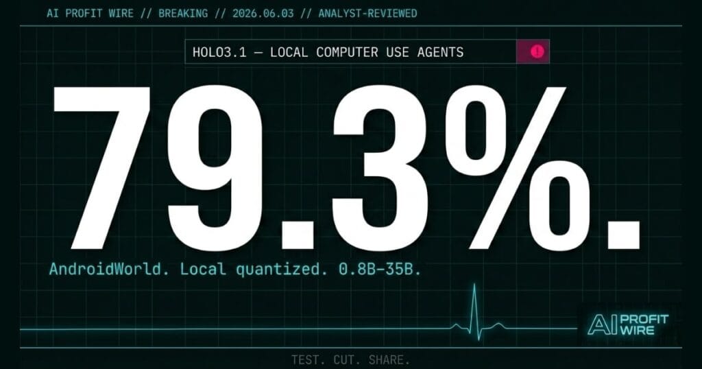 Holo3.1 local AI agents signal card from The AI Profit Wire showing 79.3% AndroidWorld benchmark and local deployment in cyber-noir design