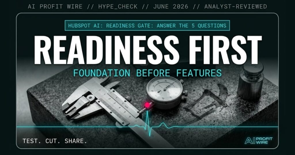 HubSpot AI readiness hype_check signal card from The AI Profit Wire showing 5 readiness questions before enabling HubSpot AI features in cyber-noir design