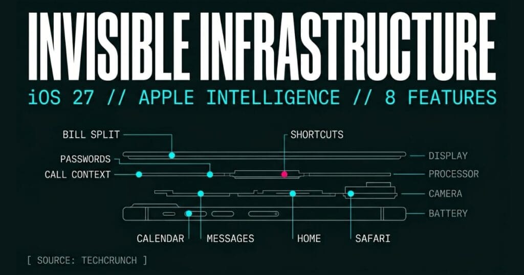 Blueprint diagram of an iPhone cross-section with eight neon-cyan markers indicating iOS 27 Apple Intelligence features including bill splitting, password agent, call context, and natural language Shortcuts