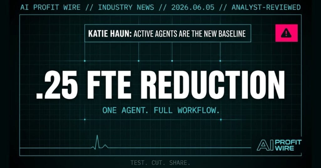 Katie Haun AI agents industry news signal card from The AI Profit Wire showing 0.25 FTE reduction potential in cyber-noir design