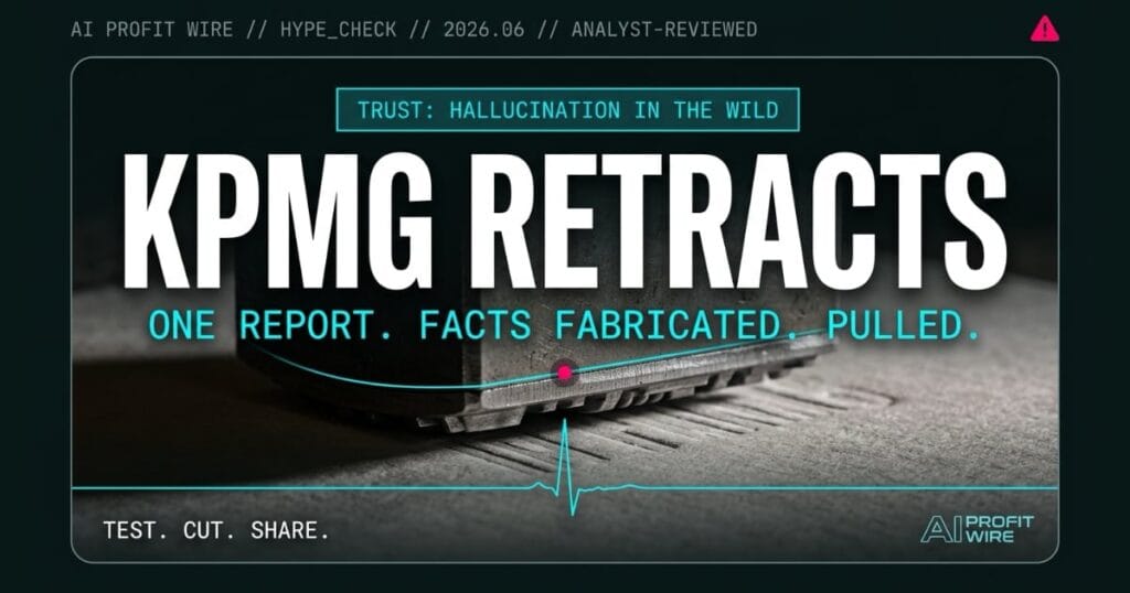 Beast Bold editorial cover for AI Profit Wire showing a hydraulic stamping press mid-strike on blank paper stock as a metaphor for a retracted official document, with white headline KPMG RETRACTS and cyan subtitle on deep teal-black, featuring image for the KPMG AI hallucination credibility risk signal.