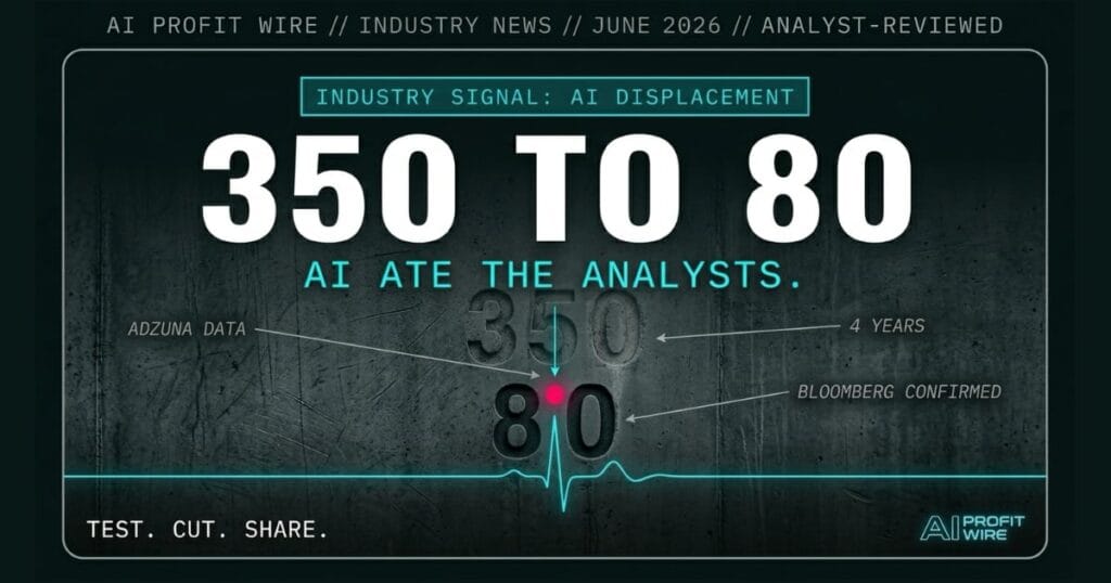 London finance analyst AI displacement signal, The AI Profit Wire, 350 to 80 vacancies Bloomberg industry news cyber-noir design