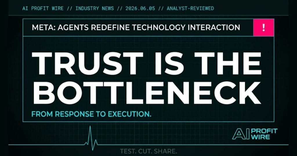 Meta AI agents industry news signal card from The AI Profit Wire showing trust gap as adoption bottleneck in cyber-noir design