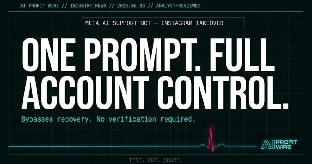 Meta AI support bot vulnerability signal card from The AI Profit Wire showing Instagram account takeover via simple prompt in cyber-noir design