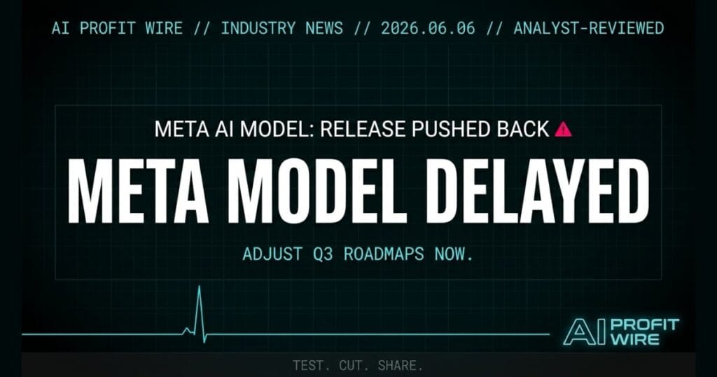 Meta AI model delay industry news signal card from The AI Profit Wire showing developer timeline shift in cyber-noir design