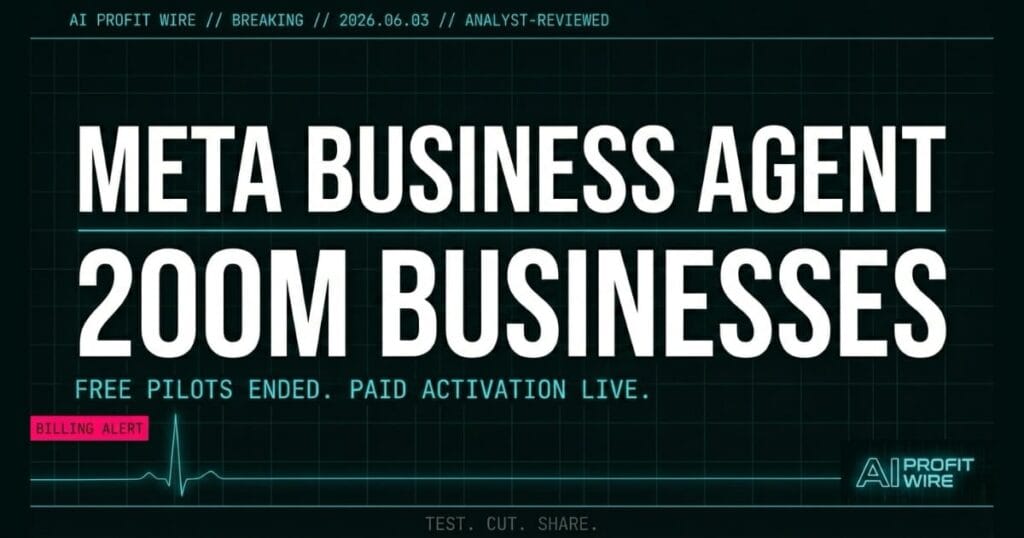 Meta Business Agent breaking signal card from The AI Profit Wire showing 200M businesses and billing trigger warning in cyber-noir design
