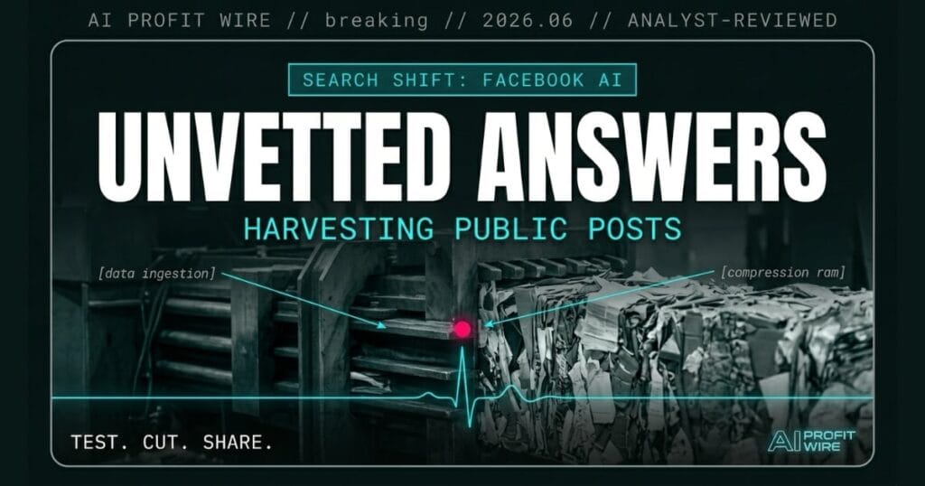 Facebook AI Mode breaking signal card from The AI Profit Wire, synthesizing unvetted public posts in cyber-noir design.
