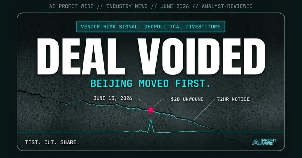 Meta Manus acquisition unwind signal, The AI Profit Wire, geopolitical vendor risk industry news cyber-noir design