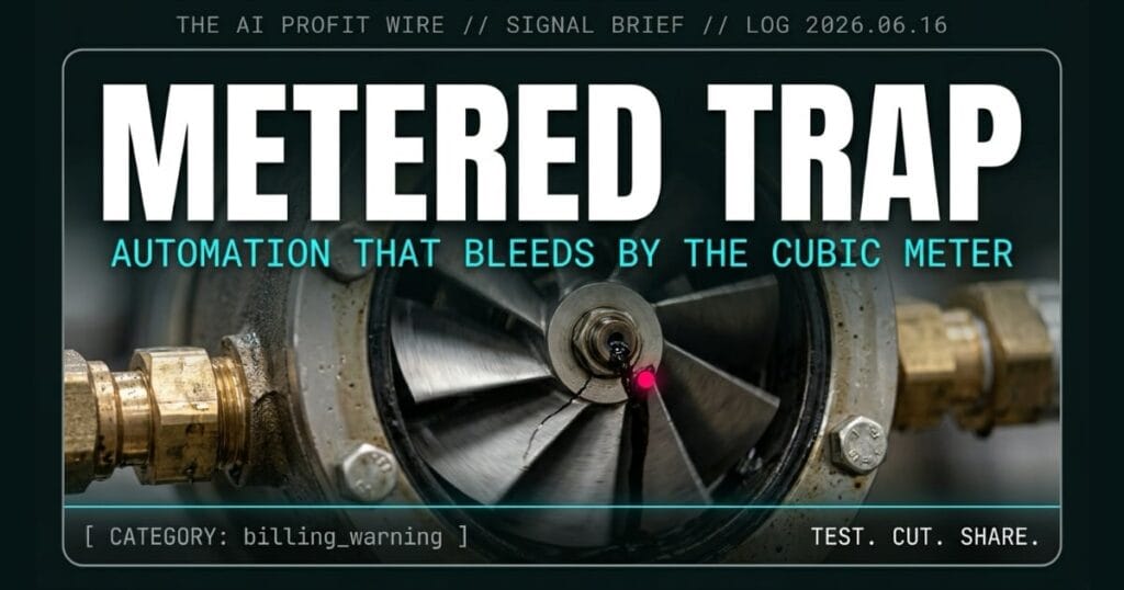 Copilot Cowork billing warning signal card from The AI Profit Wire, metered labor substitution in cyber-noir design
