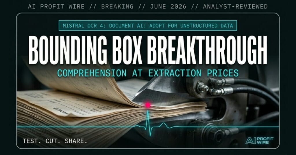 Mistral OCR 4 breaking signal card from The AI Profit Wire showing $4 per 1,000 pages API pricing with bounding box document comprehension in cyber-noir design