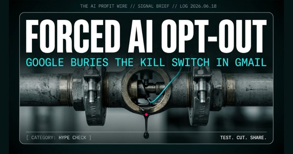 Google Docs Gemini pop-ups have no in-document off switch. The kill switch is buried in Gmail Workspace smart features. Featured image for The AI Profit Wire Hype Check signal.
