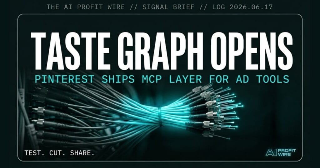 Pinterest shipped 3 AI ad tools including an MCP layer, AI assistant beta, and Performance+ creative. Featured image for The AI Profit Wire signal brief.