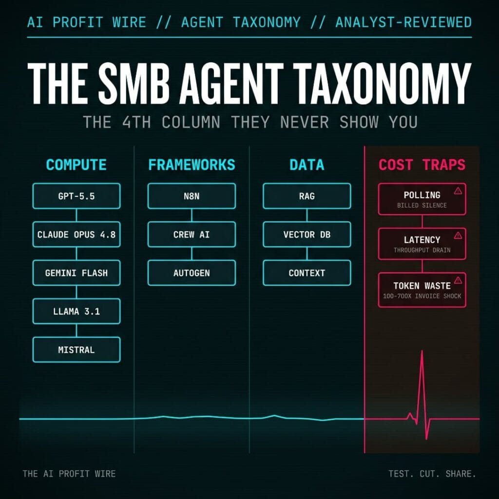 SMB AI Agent Taxonomy infographic by AI Profit Wire showing four columns: Compute with GPT-5.5, Claude Opus 4.8, Gemini 3.5 Flash, Llama 3.1, and Mistral; Frameworks with n8n, CrewAI, and AutoGen; Data with RAG, Vector DB, and Context; and Cost Traps column with Polling labeled Billed Silence, Latency labeled Throughput Drain, and Token Waste labeled 100 to 700x Invoice Shock, on a dark cyber-noir background
