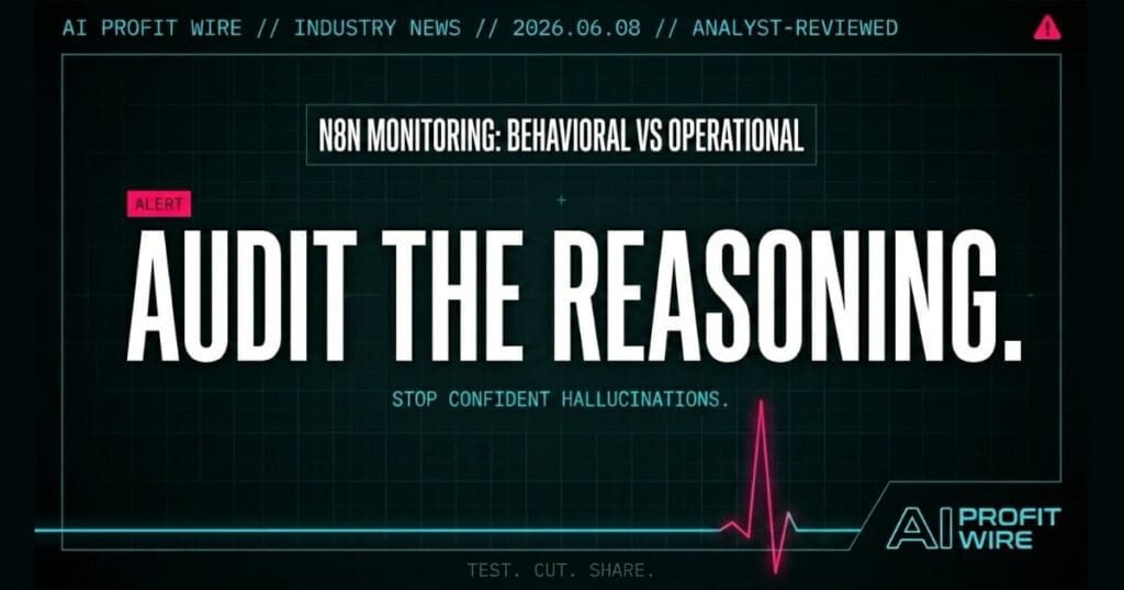 n8n Behavioral Monitoring industry_news signal card from The AI Profit Wire showing confident hallucinations in cyber-noir design