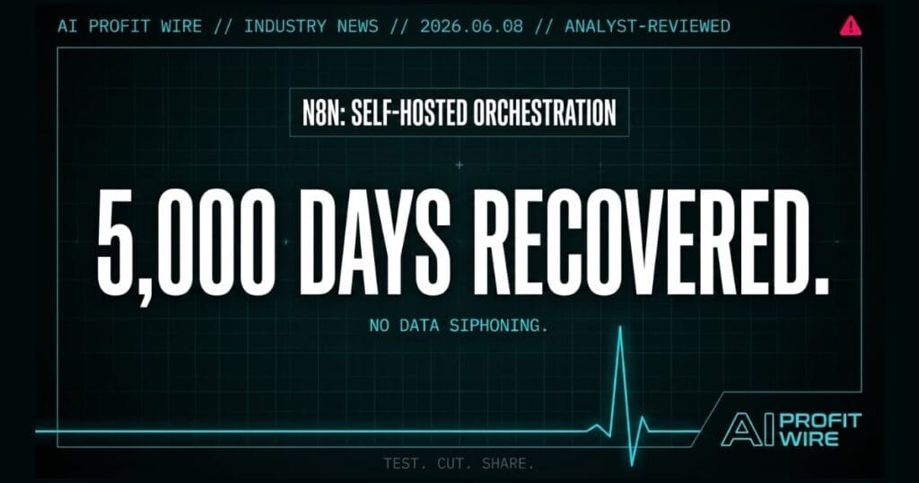 n8n orchestration industry_news signal card from The AI Profit Wire showing 5,000 days recovered in cyber-noir design