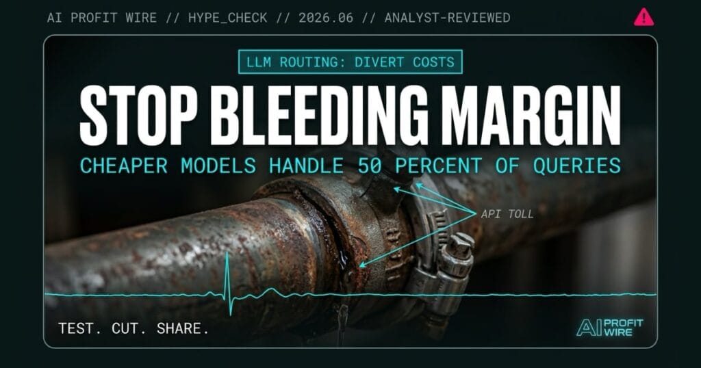 n8n LLM routing hype check signal card from The AI Profit Wire, dynamic cost containment in cyber-noir editorial design