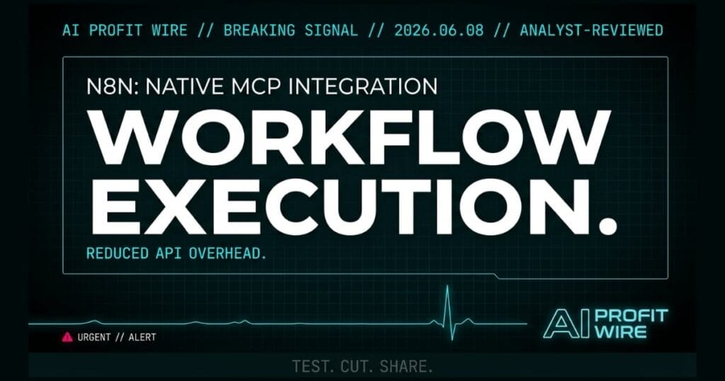 n8n MCP breaking signal card from The AI Profit Wire showing workflow execution in cyber-noir design