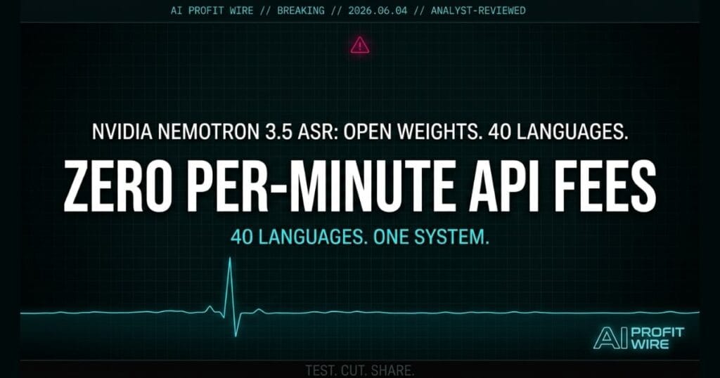 NVIDIA Nemotron 3.5 ASR breaking signal card from The AI Profit Wire showing zero per-minute API fees and 40-language support in cyber-noir design