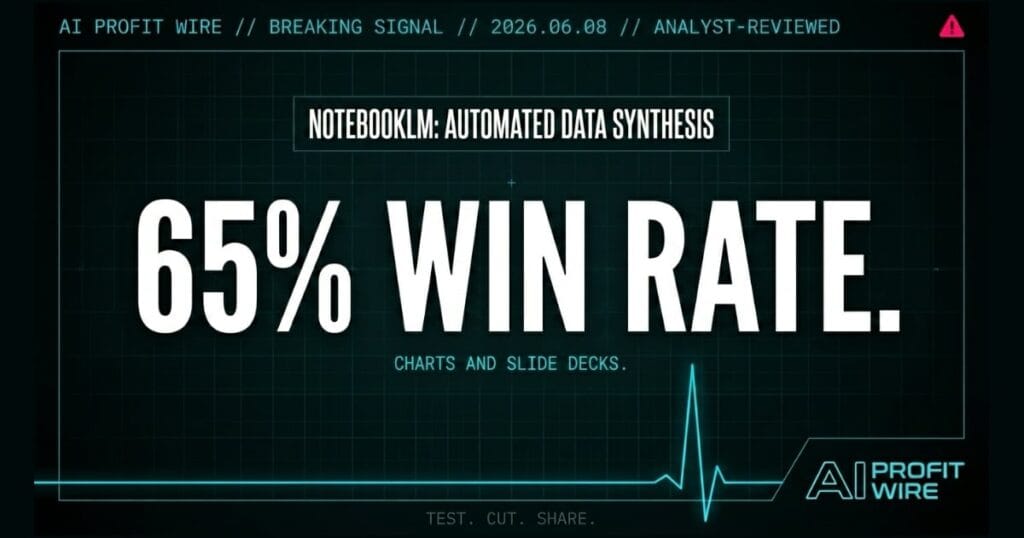 NotebookLM breaking signal card from The AI Profit Wire showing 65% win rate in cyber-noir design