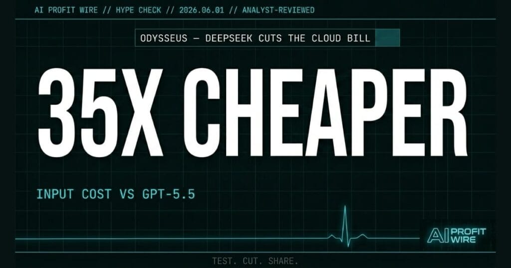 Odysseus local AI workspace hype check card from The AI Profit Wire showing 35x cost gap vs GPT-5.5 in cyber-noir design