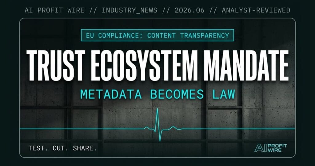 OpenAI EU transparency code industry news signal card from The AI Profit Wire in cyber-noir editorial design