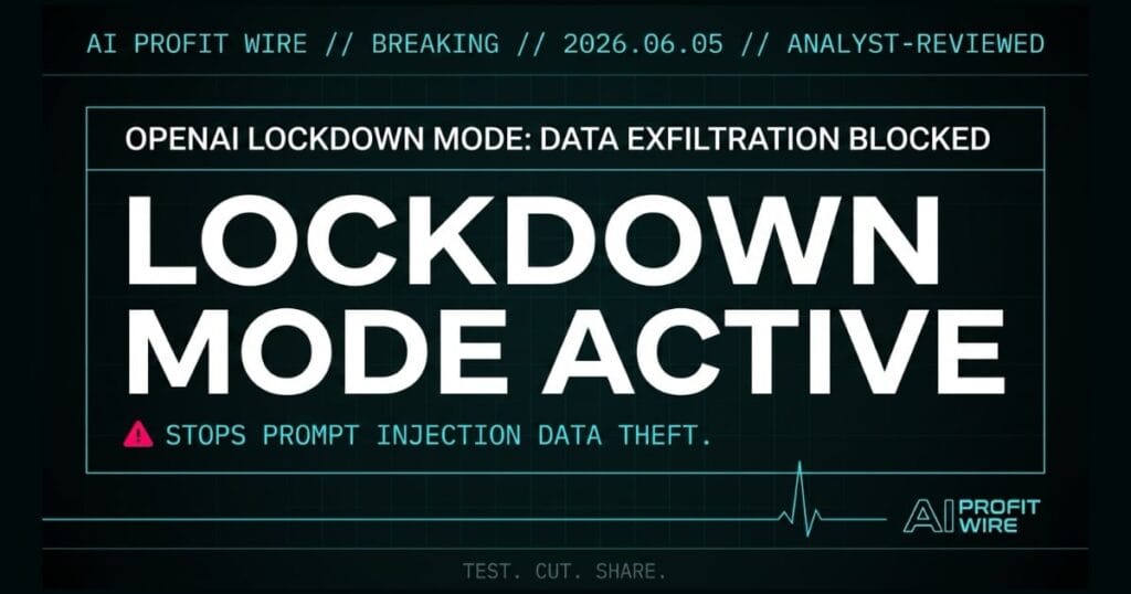 OpenAI lockdown mode breaking signal card from The AI Profit Wire showing prompt injection data theft prevention in cyber-noir design