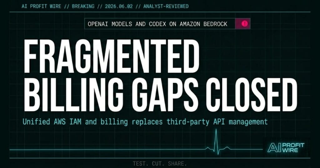 OpenAI models on Amazon Bedrock breaking signal card from The AI Profit Wire showing fragmented billing gaps closed in cyber-noir design