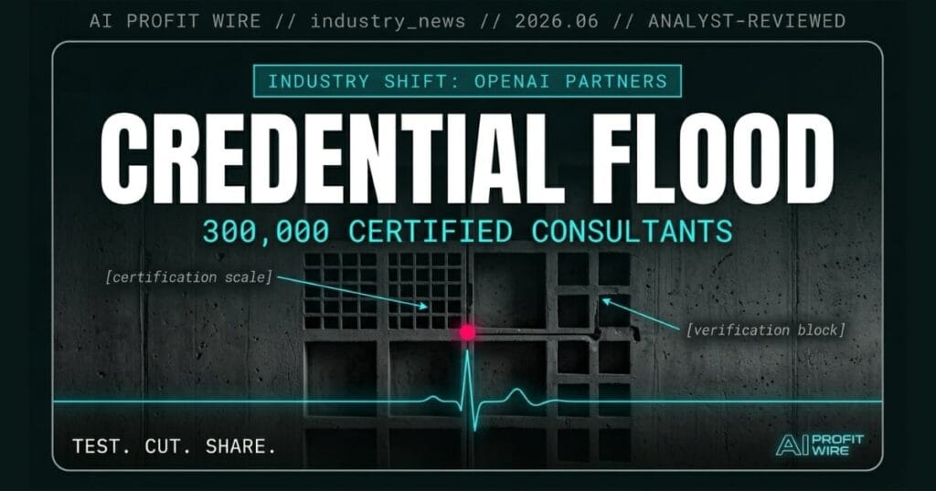 OpenAI Partner Network industry_news signal card from The AI Profit Wire, 300k new certified consultants in cyber-noir design.