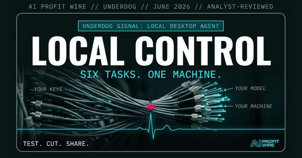 OpenCoworker desktop agent underdog signal, The AI Profit Wire, local AI six task automation cyber-noir design