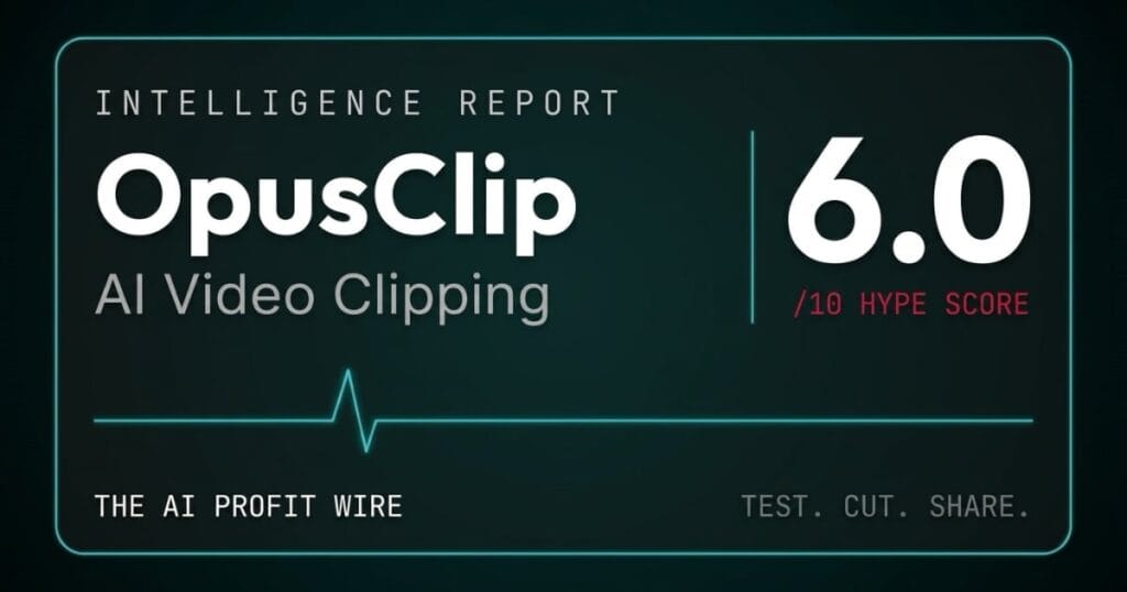 OpusClip Intelligence Report featured image: a 6.0 out of 10 Hype Check score card for the AI video clipping tool