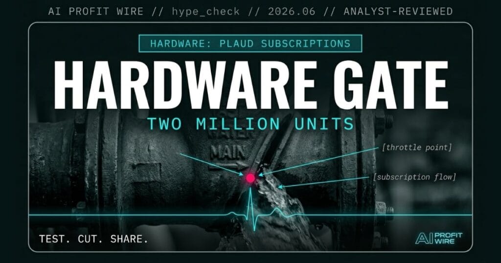 Plaud hype_check signal card from The AI Profit Wire, physical hardware gating $100M software ARR in cyber-noir design.