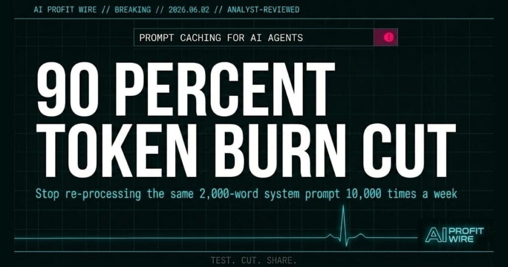 AI agent prompt caching breaking signal card from The AI Profit Wire showing 90 percent token burn cut that protects monthly margins in cyber-noir design
