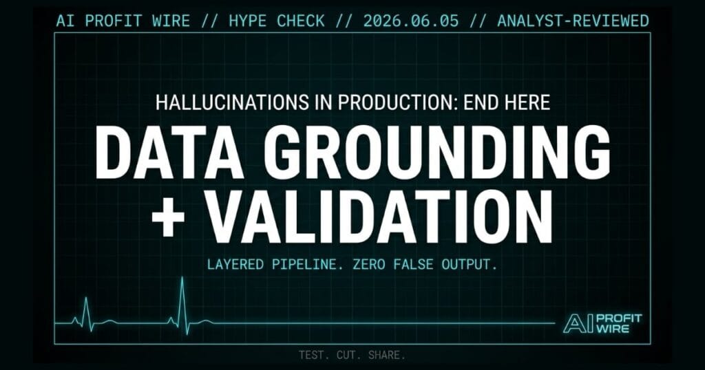 Reducing AI hallucinations hype check signal card from The AI Profit Wire showing layered data grounding validation in cyber-noir design