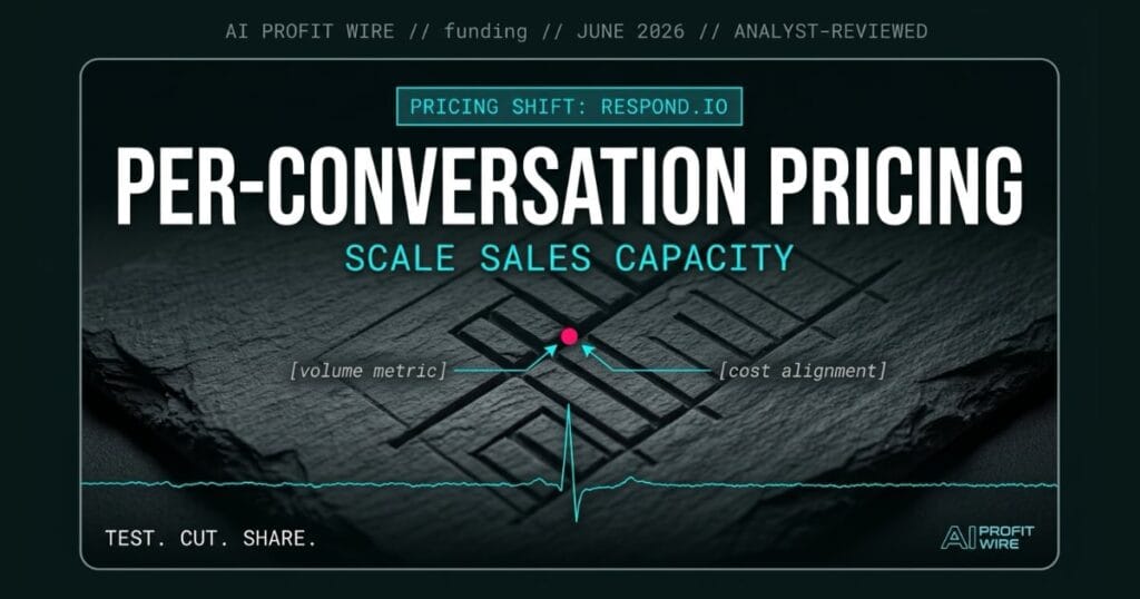 Respond.io funding signal card from The AI Profit Wire, per-conversation pricing model validation in cyber-noir design.