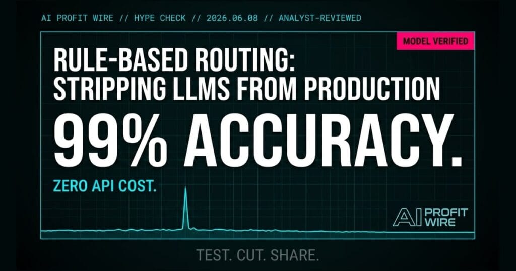 Rule-based routing hype_check signal card from The AI Profit Wire showing 99% accuracy in cyber-noir design