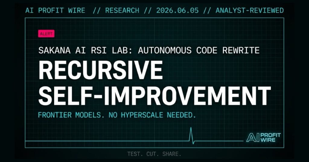 Sakana AI RSI lab research signal card from The AI Profit Wire showing recursive self-improvement without hyperscale in cyber-noir design
