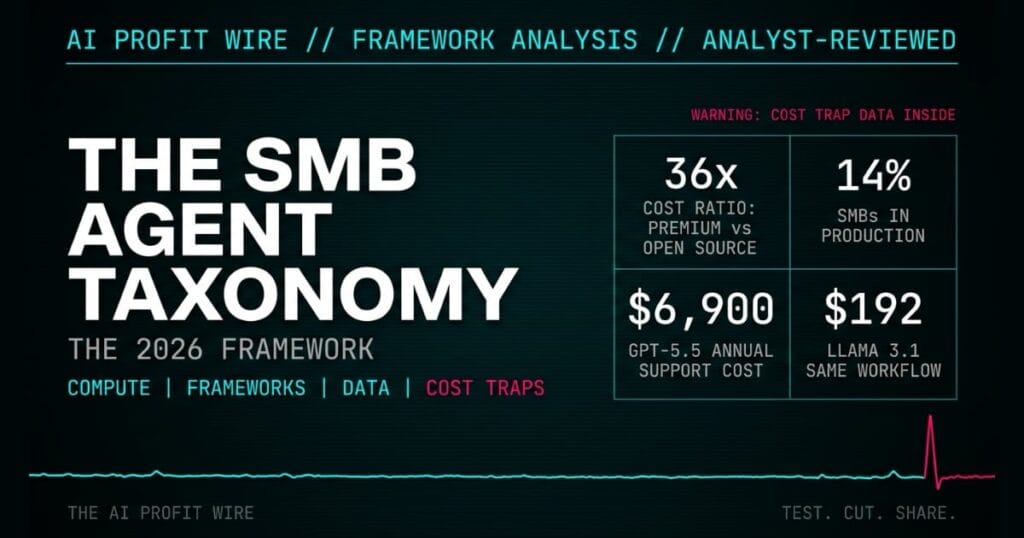 SMB AI Agent Taxonomy framework analysis card by AI Profit Wire showing verified 2026 cost data including 36x compute cost ratio and the four taxonomy columns in cyber-noir design