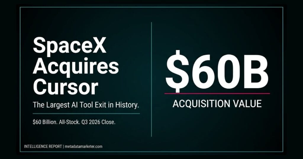 Intelligence report graphic showing SpaceX acquires Cursor for $60 billion, the largest AI tool acquisition in history, June 2026
