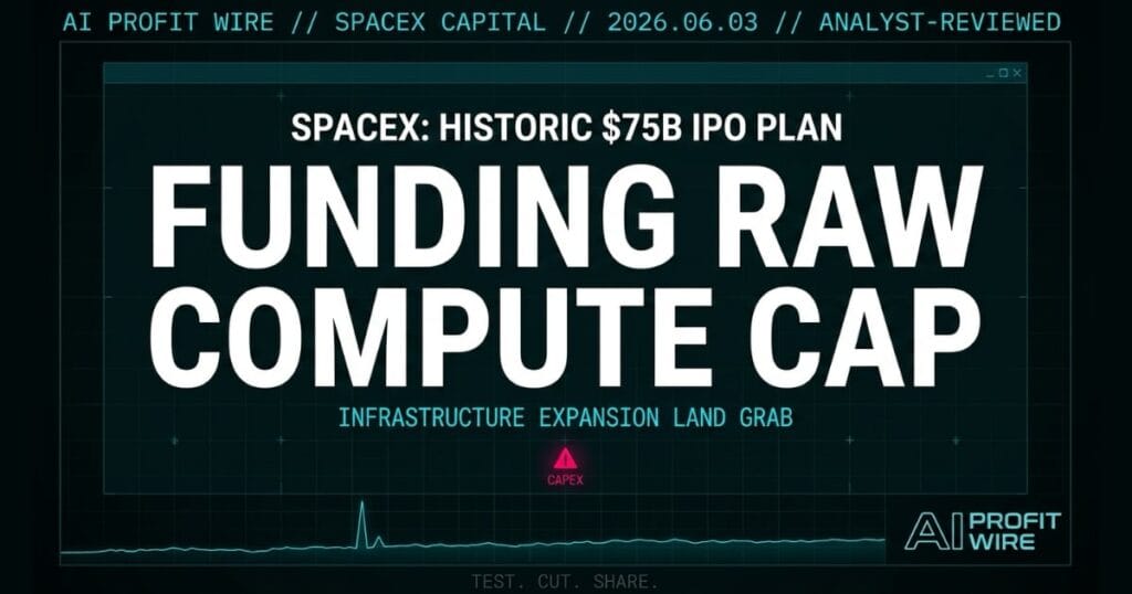 SpaceX $75B IPO funding signal featured card in cyber-noir design.