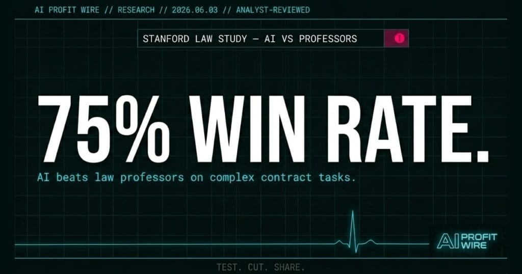 Stanford Law study signal card from The AI Profit Wire showing AI outperforming law professors on contract law tasks in cyber-noir design