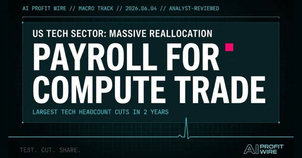 US tech sector job cuts signal featured card in cyber-noir design.