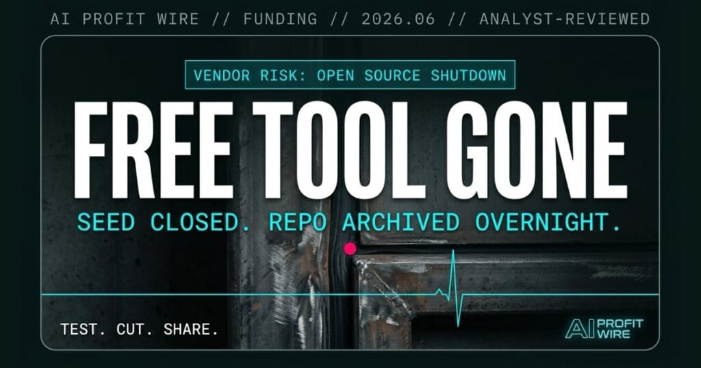 Beast Bold editorial cover for AI Profit Wire showing a heavy industrial blast door being sealed shut as a metaphor for a community being locked out, with white headline FREE TOOL GONE and cyan subtitle on deep teal-black, featuring image for the TensorZero open-source vendor risk signal.