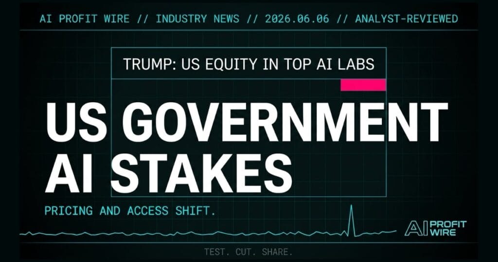 Trump US government AI stakes industry news signal card from The AI Profit Wire showing equity ownership shift in top labs in cyber-noir design