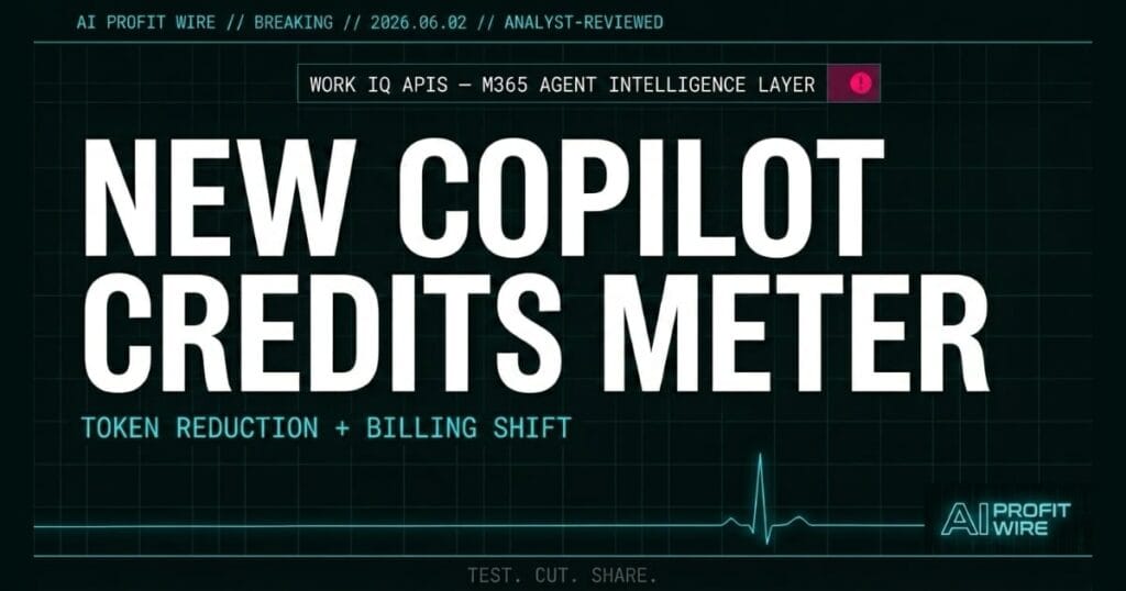 Work IQ APIs social native alert card from The AI Profit Wire showing new Copilot Credits billing meter active for M365 agents in cyber-noir design