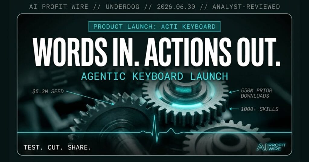 Acti agentic keyboard underdog signal from The AI Profit Wire showing words in actions out launch in cyber-noir design