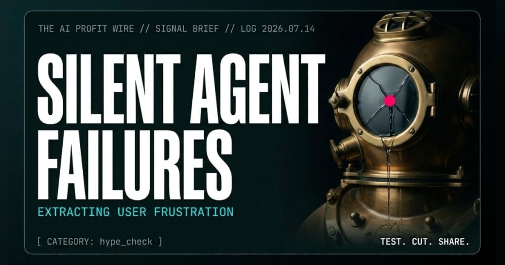 SILENT AGENT FAILURES hype_check signal card from The AI Profit Wire, cracked brass diving helmet weeping seawater, Executive Data-Noir cyber-noir design.
