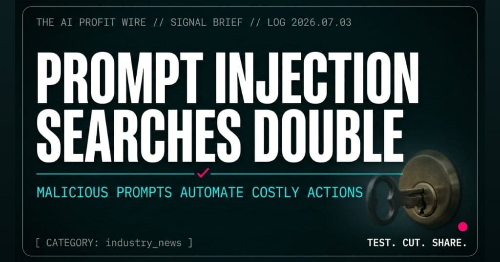 Prompt Injection Searches Double industry_news signal card from The AI Profit Wire, small business AI agent security requires least privilege access, Executive Data-Noir cyber-noir design.