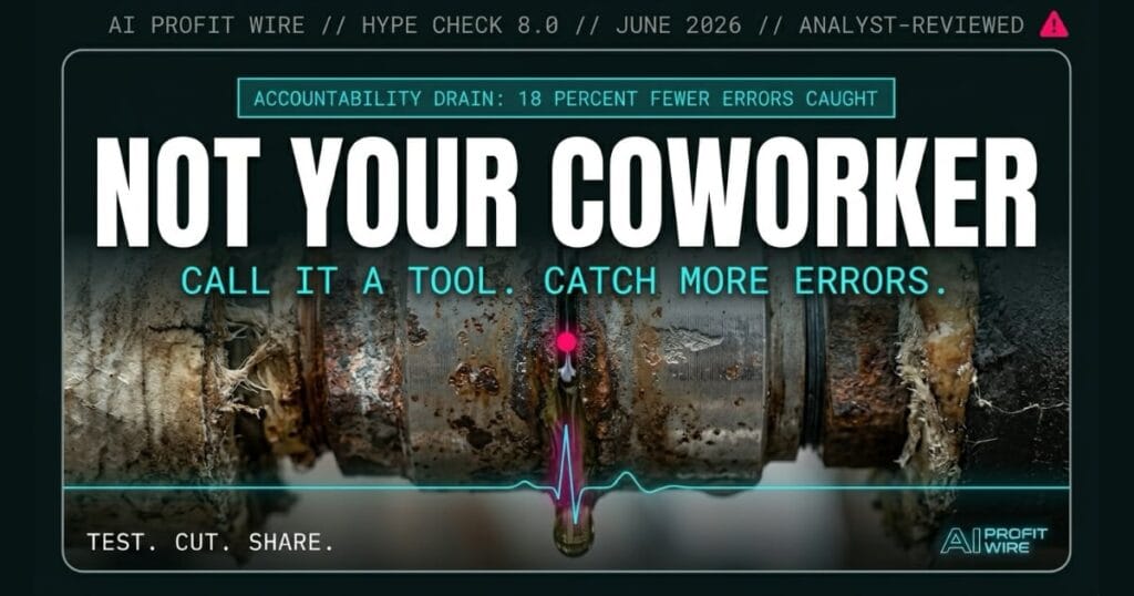 AI agents not coworkers MIT research hype check signal card from The AI Profit Wire showing 18 percent fewer errors caught in cyber-noir design