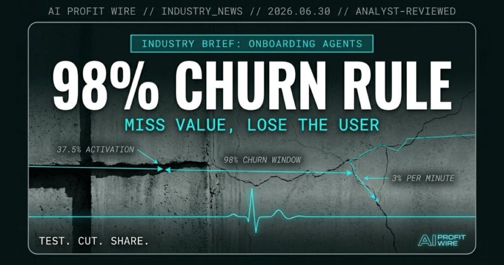 AI agents for SaaS onboarding industry news signal from The AI Profit Wire showing 98% churn rule in cyber-noir editorial design