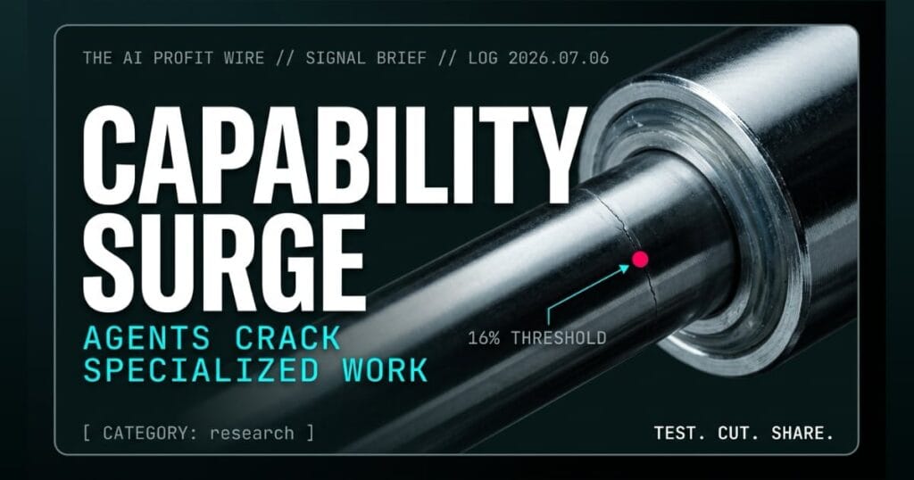 CAPABILITY SURGE research signal card from The AI Profit Wire, AI hits 16% success on freelance tasks, Executive Data-Noir cyber-noir design.